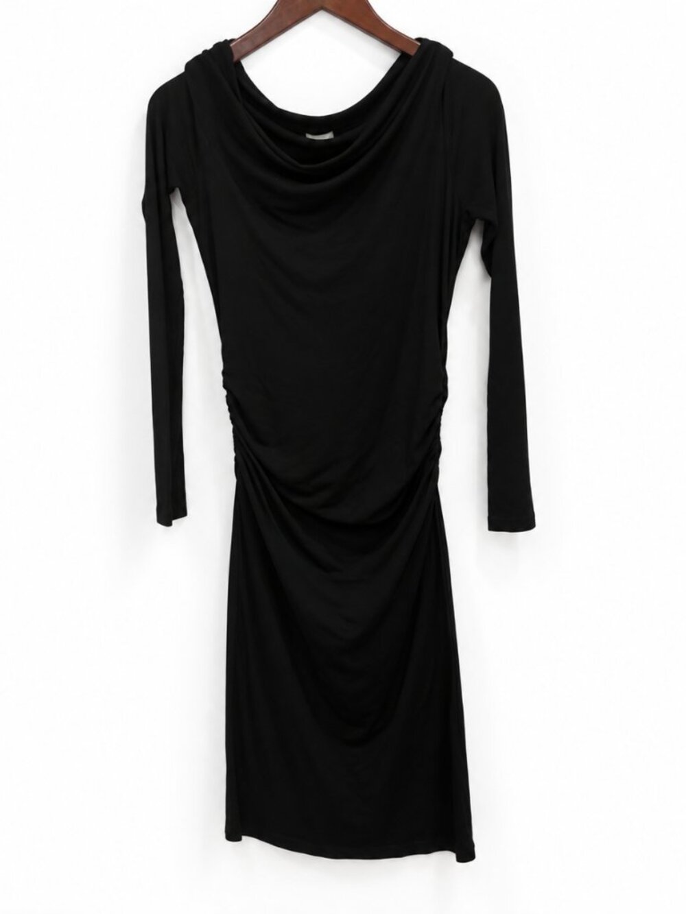James Perse Black Draped Ruched Midi Dress L Tencel Made in USA Minimalist